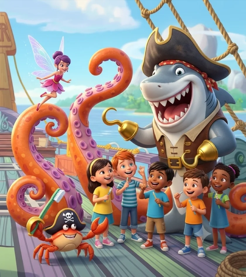 The Kids Rock crew — shark captain, Tooth Fairy, and kids with toothbrushes on the ship deck