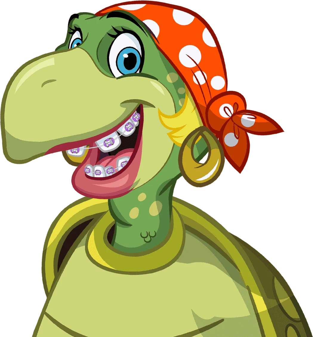 Kids Rock turtle mascot showing off his braces